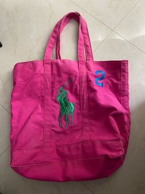 Ralph Lauren Pink Canvas Tote with Green Lining